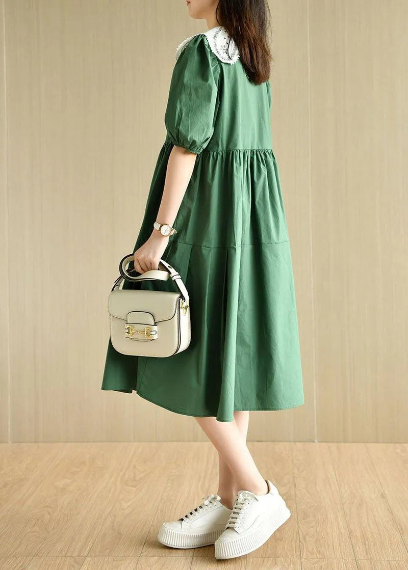 Art Tea Green Lantern Sleeve Button Summer Cotton Vacation Dresses