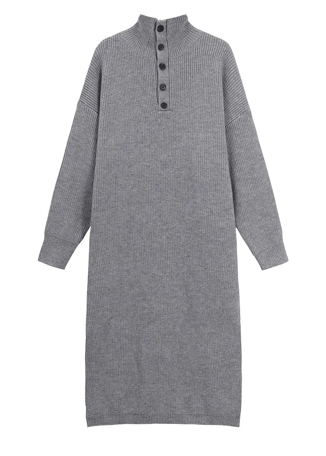 Grey Hign Neck Button Long Knit Sweaters Dress Winter