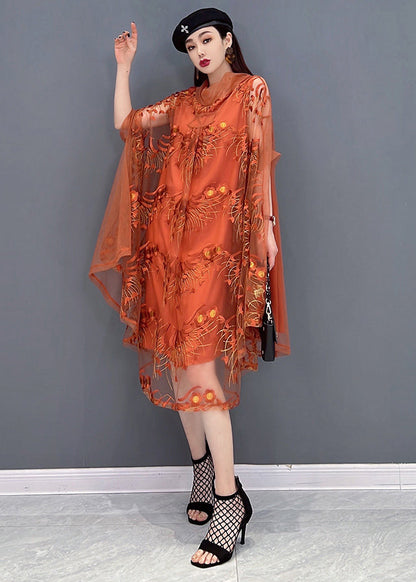 Stylish Orange Embroideried Turtle Neck Tulle Upf 50+ Dress Batwing Sleeve