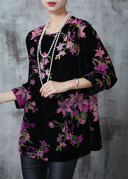Black Print Chinese Button Silk Velour Shirt Fall