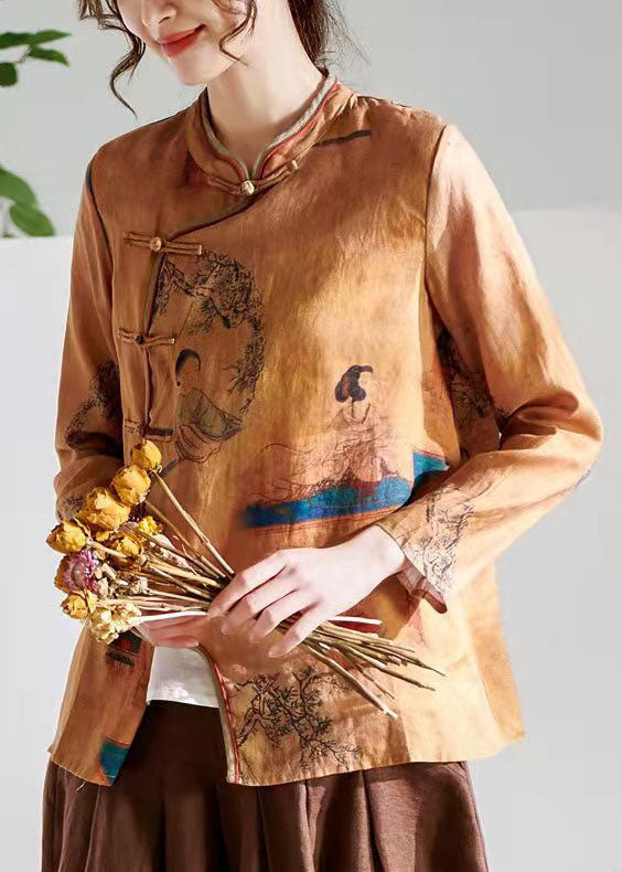 Chocolate O-neck Button Print Tops Long Sleeve Spring