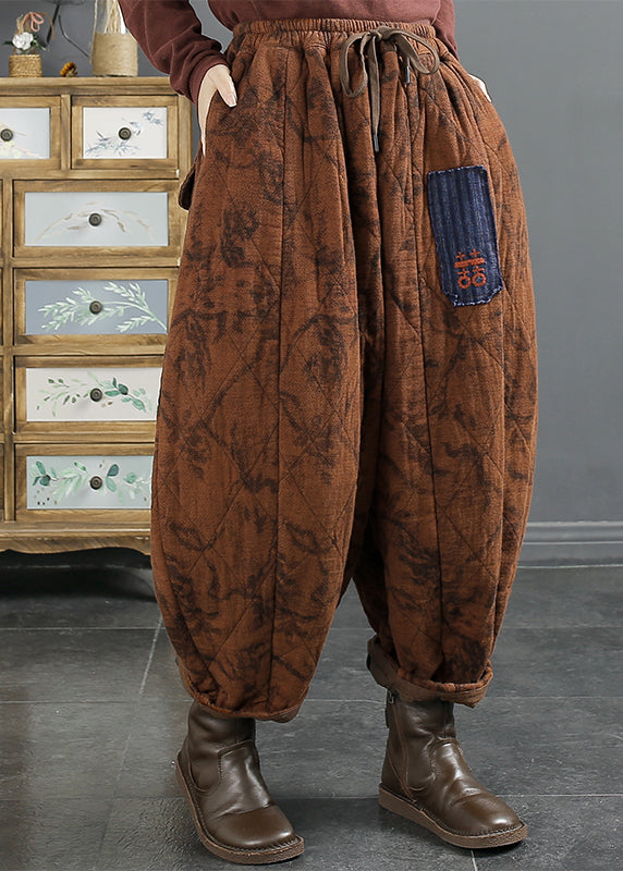 Retro Green Embroideried Elastic Waist Fine Cotton Filled Lantern Pants Winter