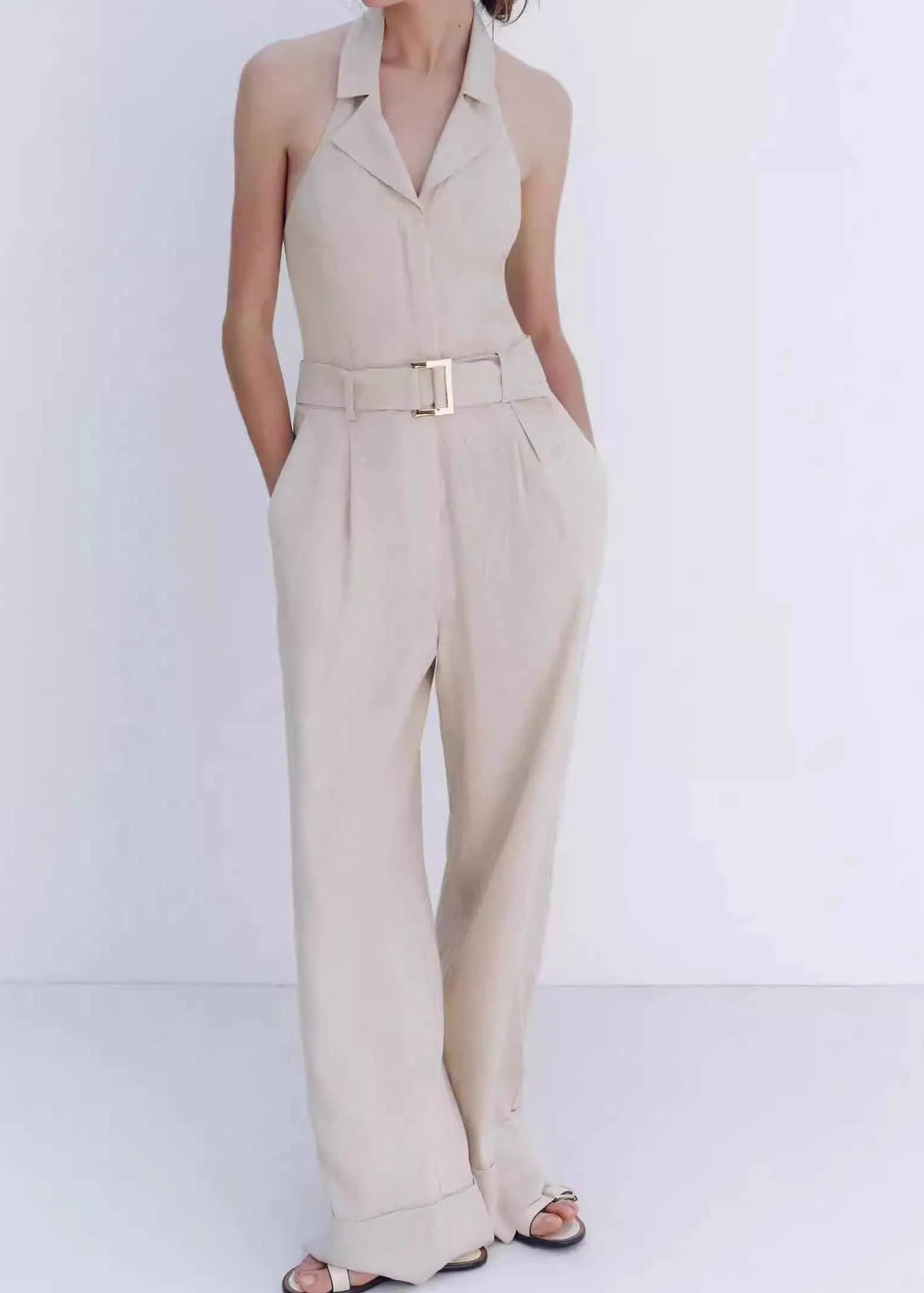 Beige Halter Pockets Cotton Jumpsuit Sleeveless