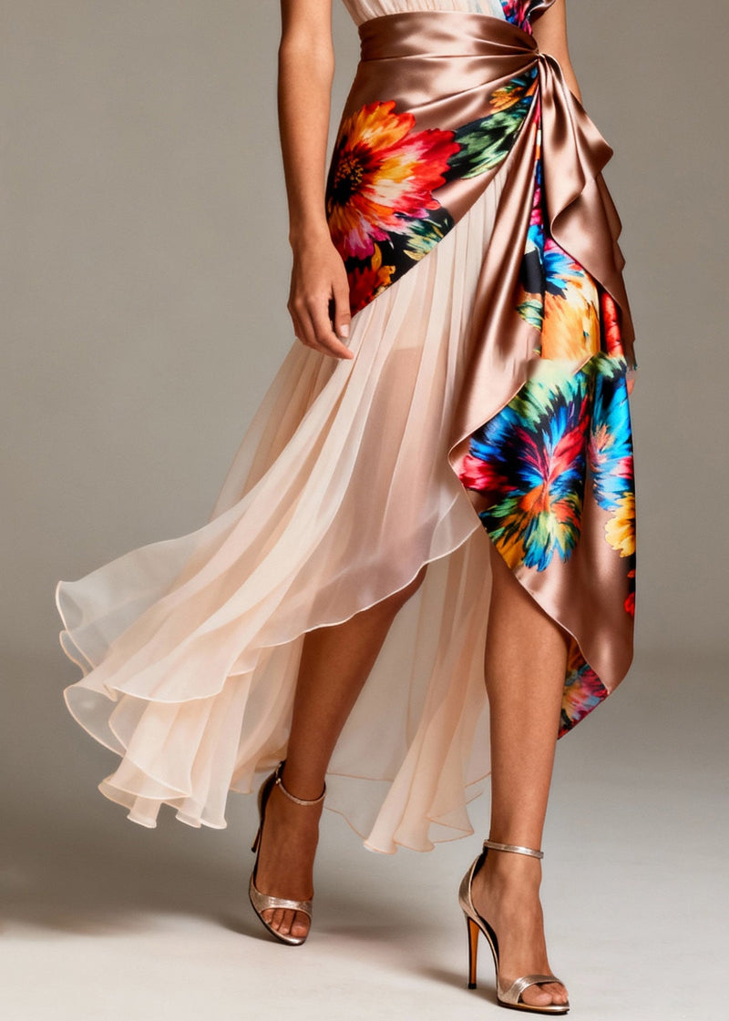 Asymmetrical Patchwork Tulle Silk Party Dresses Sleeveless