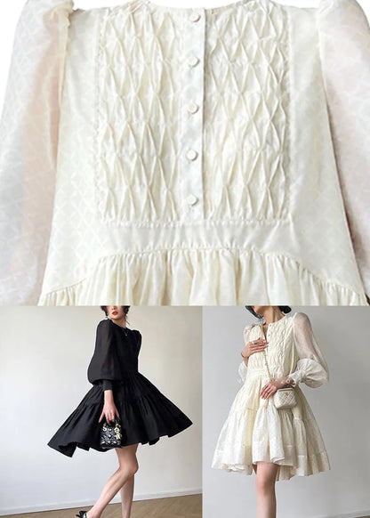 Beige O-neck Button Silk Mid Dresses Long Sleeve