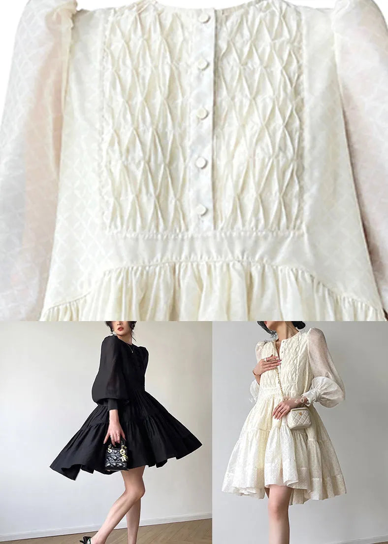 Beige O-neck Button Silk Mid Dresses Long Sleeve