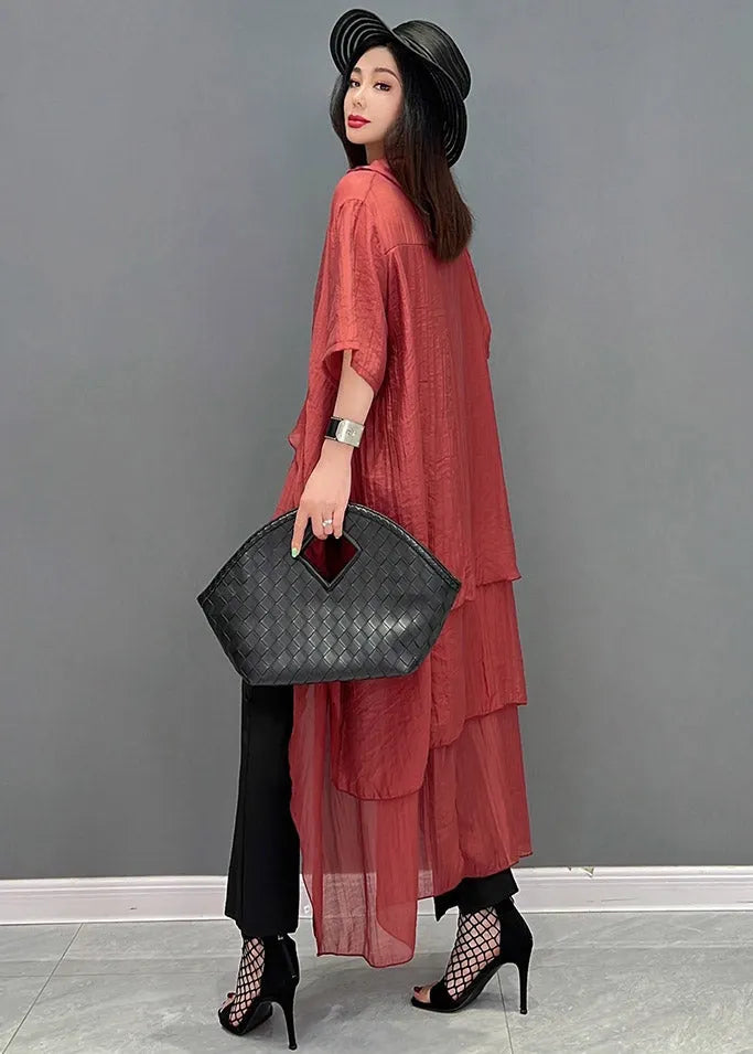 Red O-neck Asymmetrical Patchwork Dresses Short Sleeve