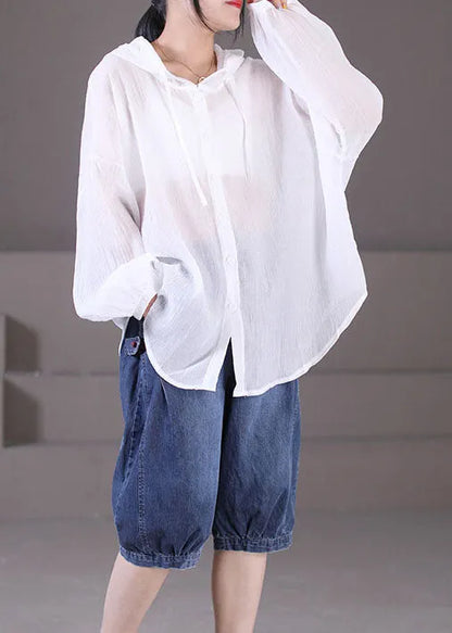 White Color Drawstring Hooded Cotton Loose Coat Long Sleeve