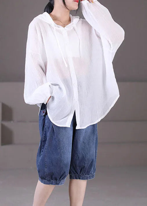 White Color Drawstring Hooded Cotton Loose Coat Long Sleeve