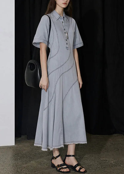 New Blue Peter Pan Collar Patchwork Denim Long Dresses Summer
