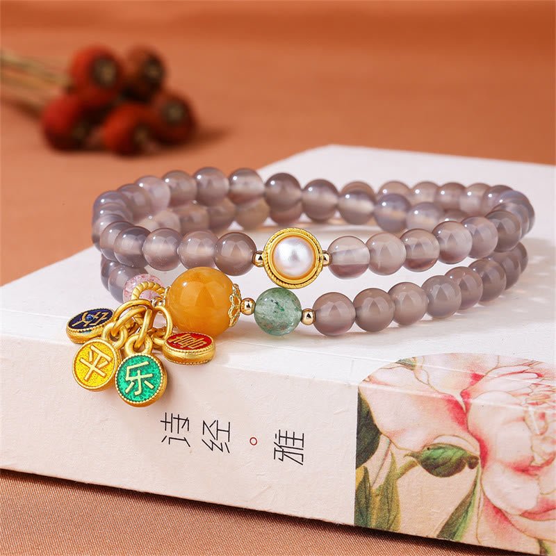 Buddha Stones Natural Gray Agate Peace and Joy Charm Balance Double Wrap Bracelet