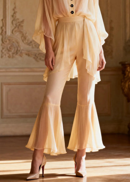 French V Neck Ruffled Patchwork Silk Two Piece Set Outfits Summer