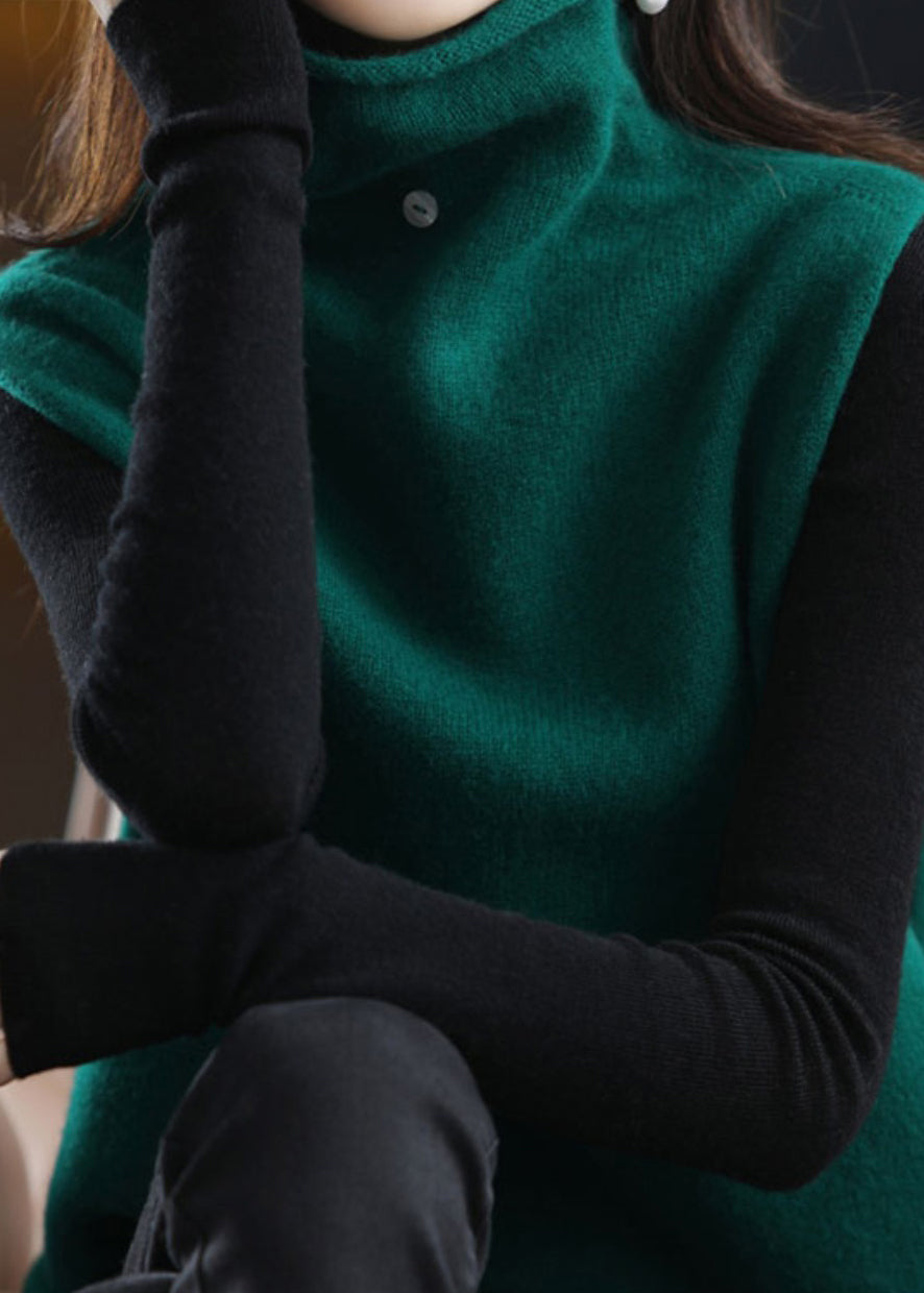 Stylish Blackish Green Turtle Neck Thick Woolen Knit Vest Sleeveless