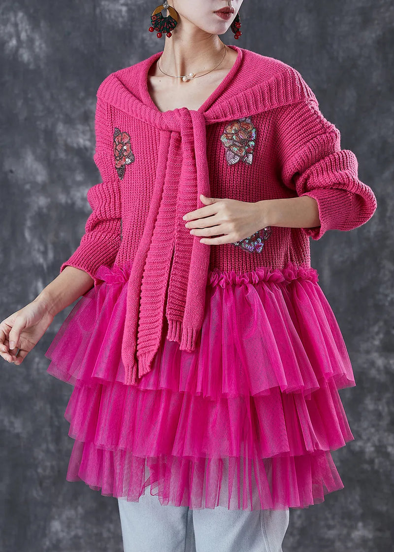 Rose Sequins Knit Sweater Dress and Shawl Two Piece Set Winter