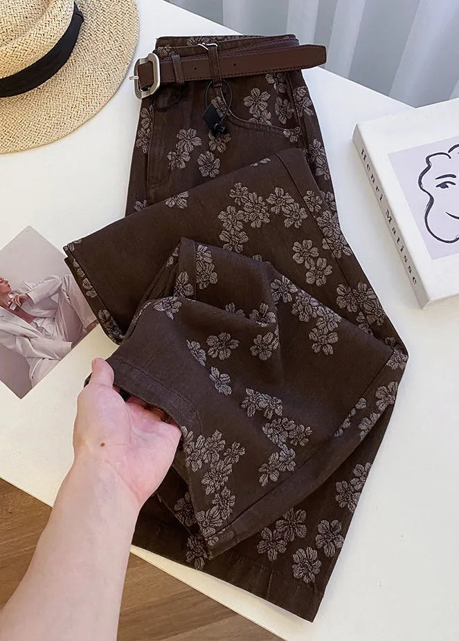 Coffee Print Pockets High Waist Denim Straight Pants Fall