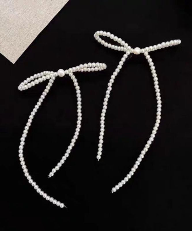 White Alloy Bow Beading Tassel Drop Earrings