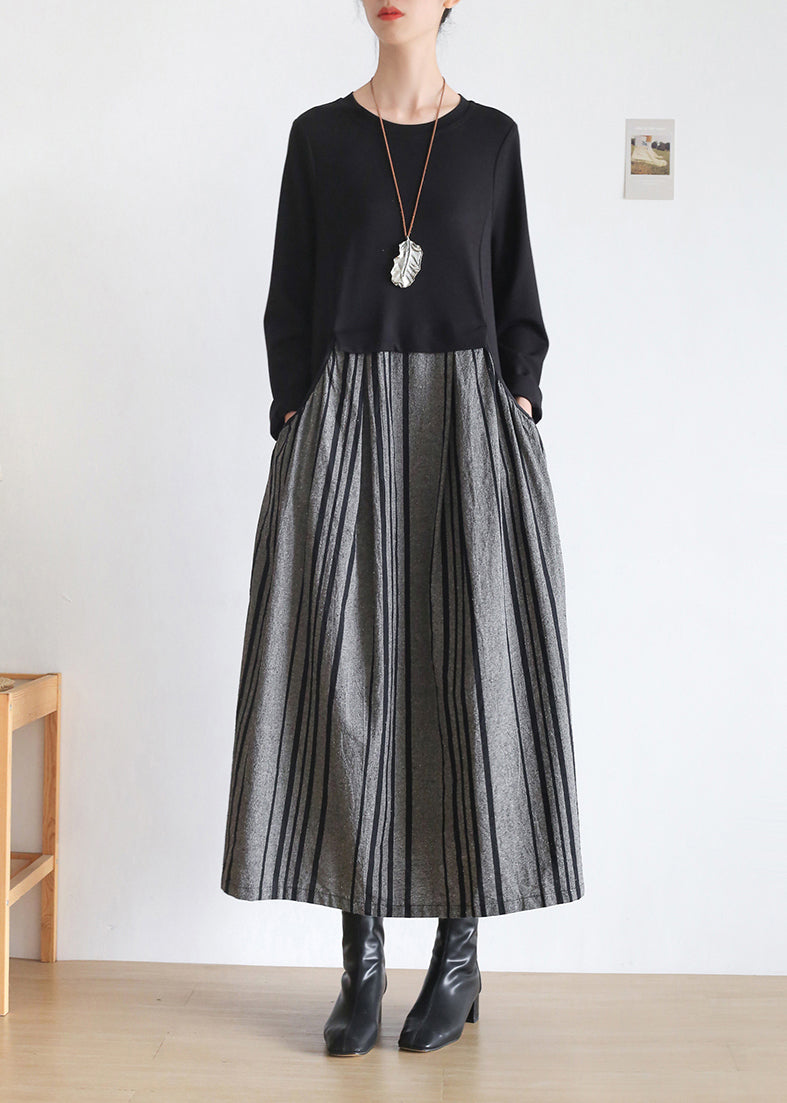 Black O-neck Striped Patchwork Pockets Long Dresses Long Sleeve