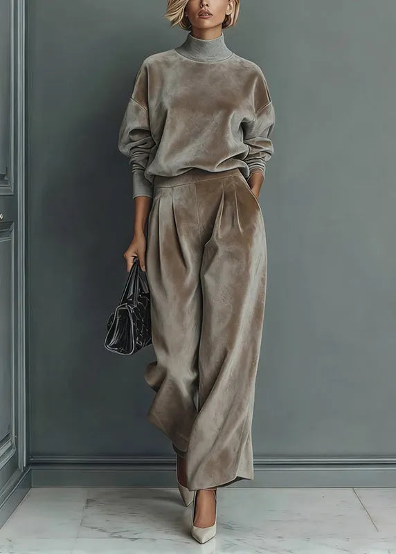Loose Grey Turtleneck Pockets Tops and Pants Silk Velvet Two Pieces Set Spring