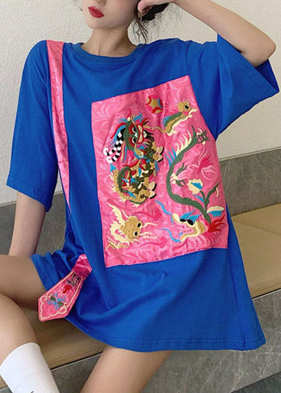 Blue Loose Top O-neck Asymmetrical Half Sleeve