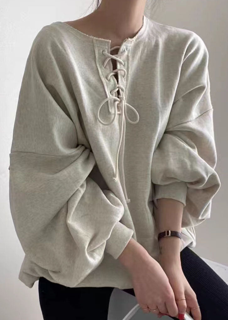 Grey O Neck Patchwork Cotton Top Lantern Sleeve