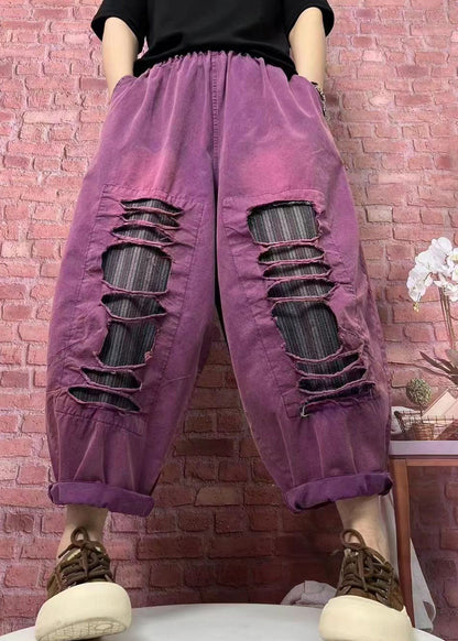Rose Pockets Elastic Waist Ripped Denim Pants Spring