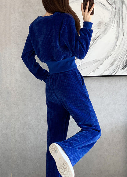 Natural Blue O-neck Top and Wide Leg Pants Two Pieces Set Long Sleeve