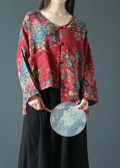 Red Asymmetrical Print Cotton Coats Spring