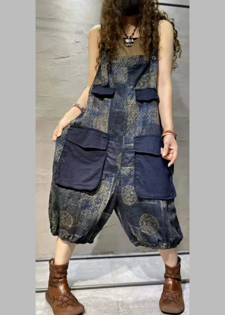 Blue Print Oversized Pockets Patchwork Cotton Denim Jumpsuit Summer