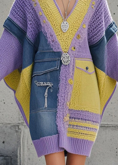 Purple Asymmetrical Patchwork Denim Long Sweater Batwing Sleeve