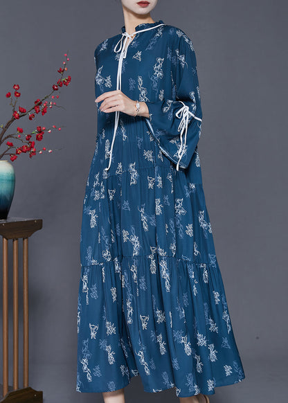 Navy Print Exra Large Hem Cotton Dresses Spring