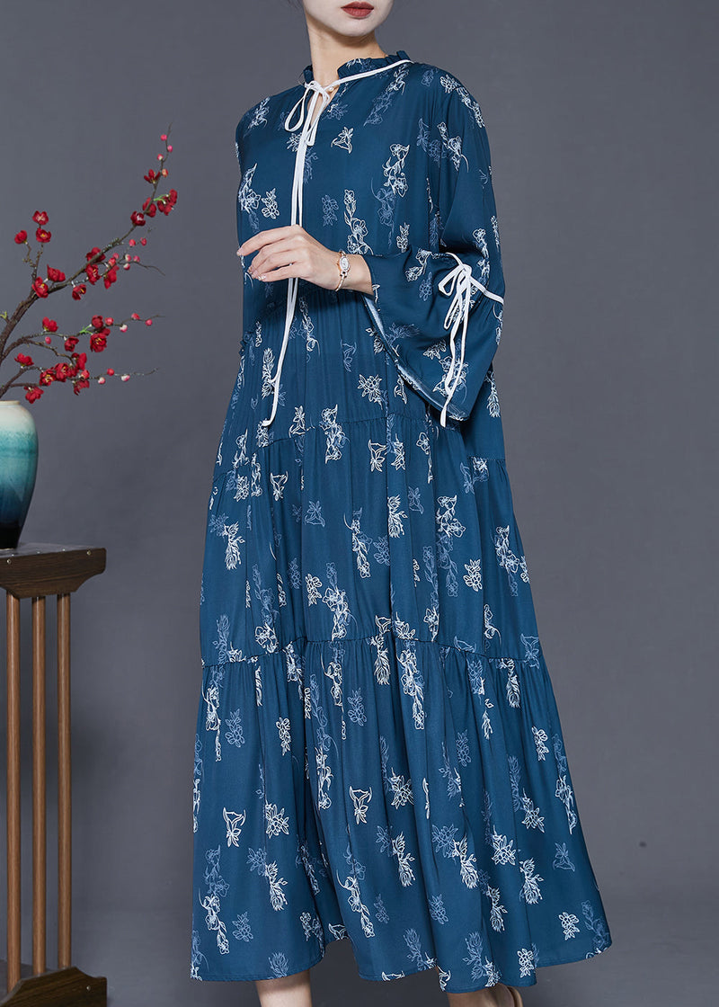 Navy Print Exra Large Hem Cotton Dresses Spring