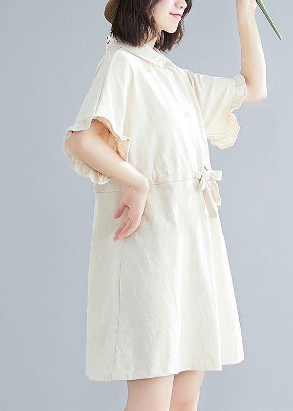 Comfy Beige Tie Waist Cotton Button Summer Day Dress