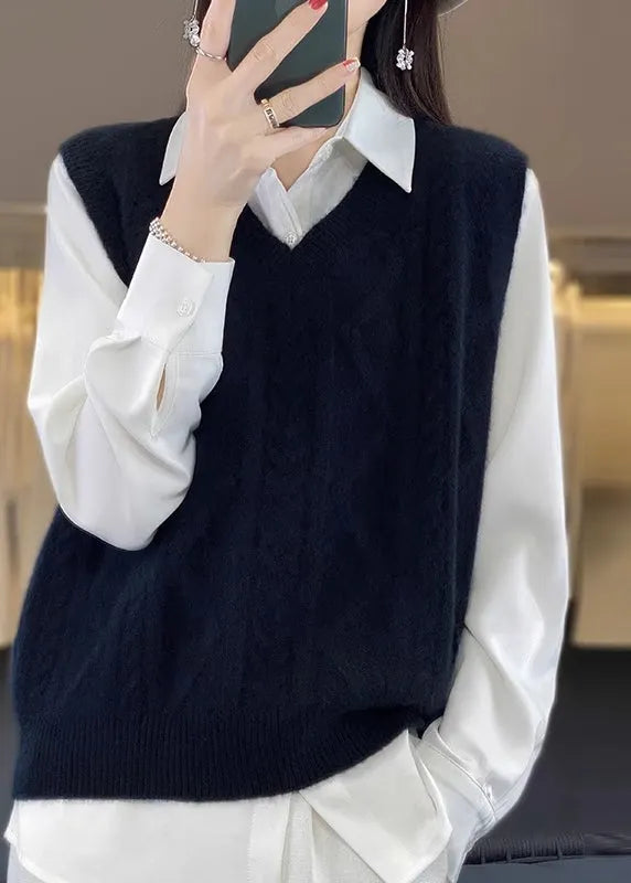 Camel V Neck Thick Cable Wool Knit Waistcoat Fall