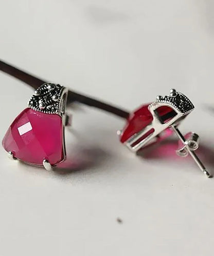Red Sterling Silver Inlaid Gem Stone Stud Earrings