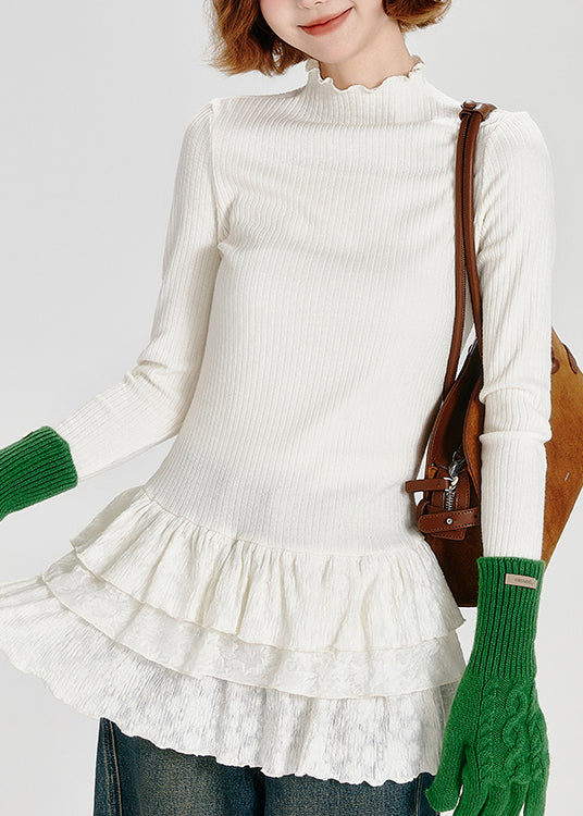 White Hign Neck Ruffled Patchwork Cotton Top Spring
