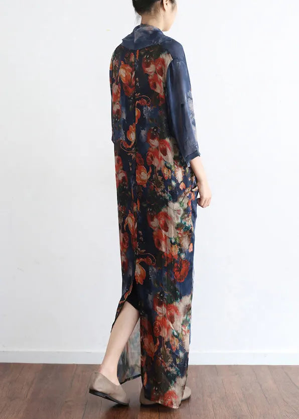 Blue V Neck Asymmetrical Print Chiffon Dress Two Pieces Set Half Sleeve
