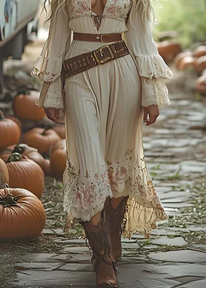 New Beige Print Patchwork Cotton Long Dress Spring