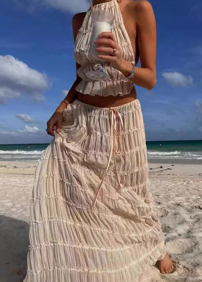 Beige Ruffled Lace Up Chiffon Two Pieces Set Sleeveless