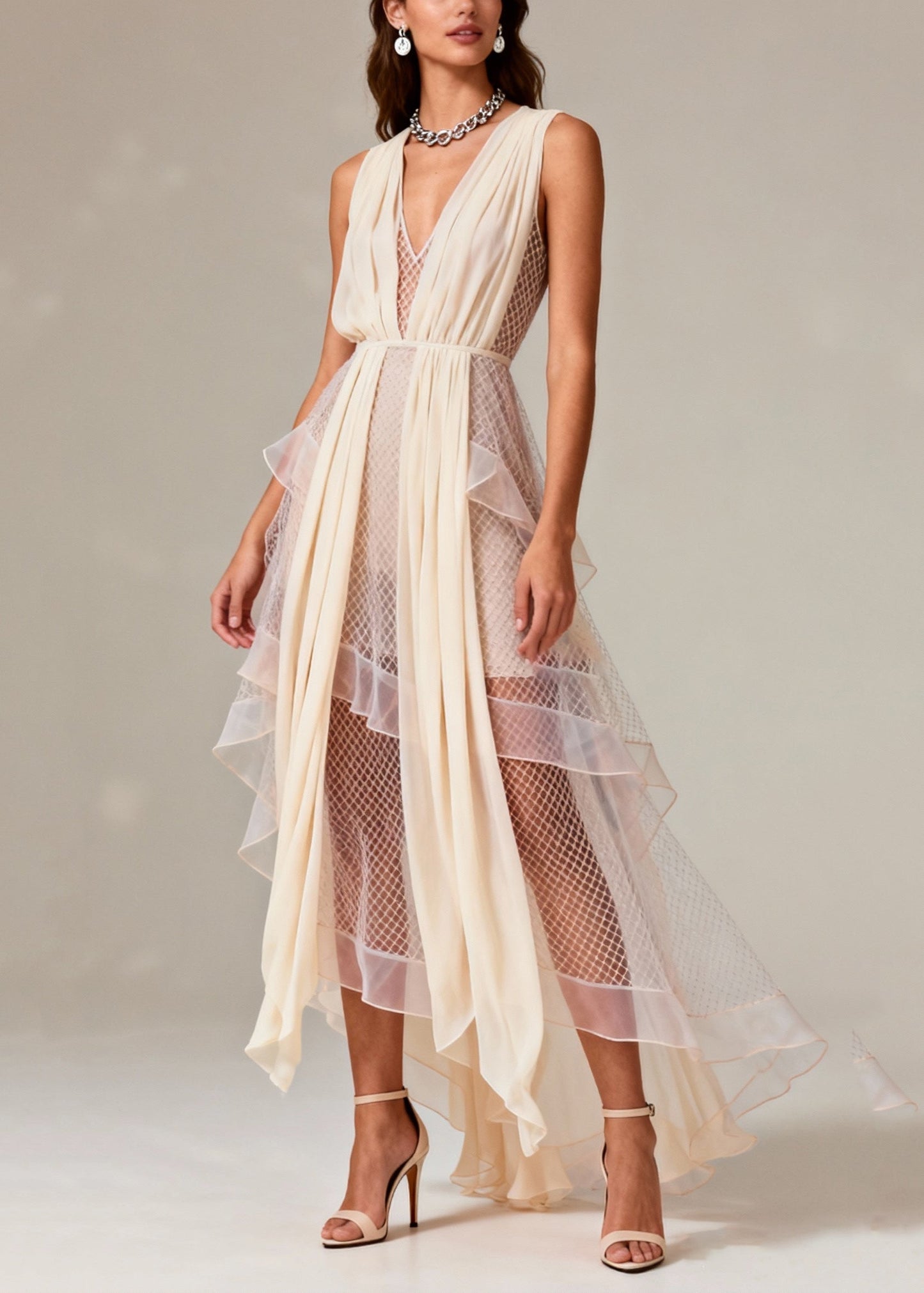 Beige V Neck Patchwork Mesh Long Dress Summer