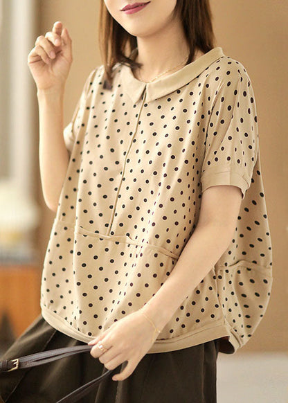 Apricot Turn-down Collar Patchwork Dot Print Cotton Shirts Short Sleeve