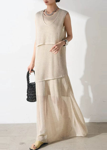 Beige Asymmetrical Hollow Out Tulle Two Piece Set Outfits Sleeveless