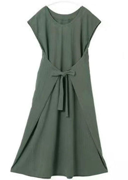 Green O Neck Patchwork Cotton Dress Short Sleeve