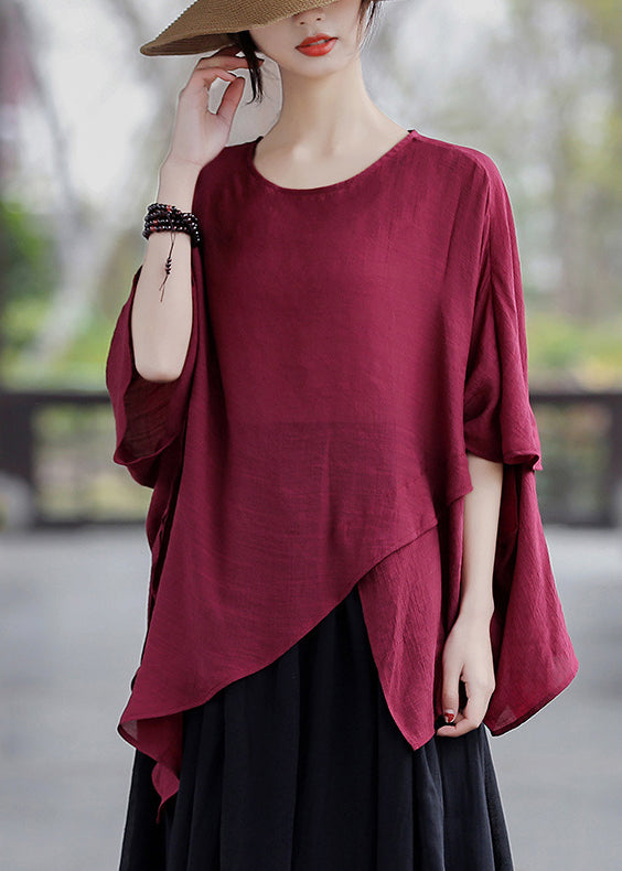 Loose Apricot O-neck Asymmetrical Cotton Tops Batwing Sleeve