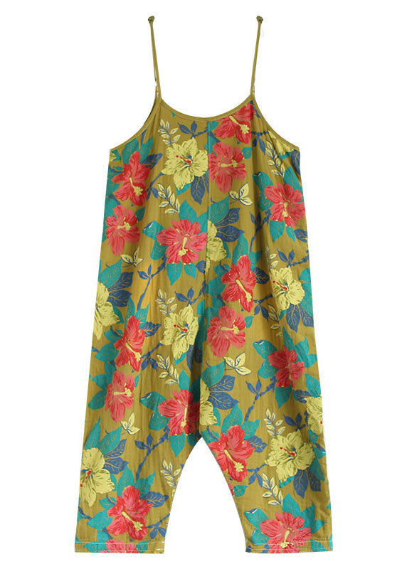 Yellow Oversized Print Cotton Jumpsuit Ripped Jeans Spring