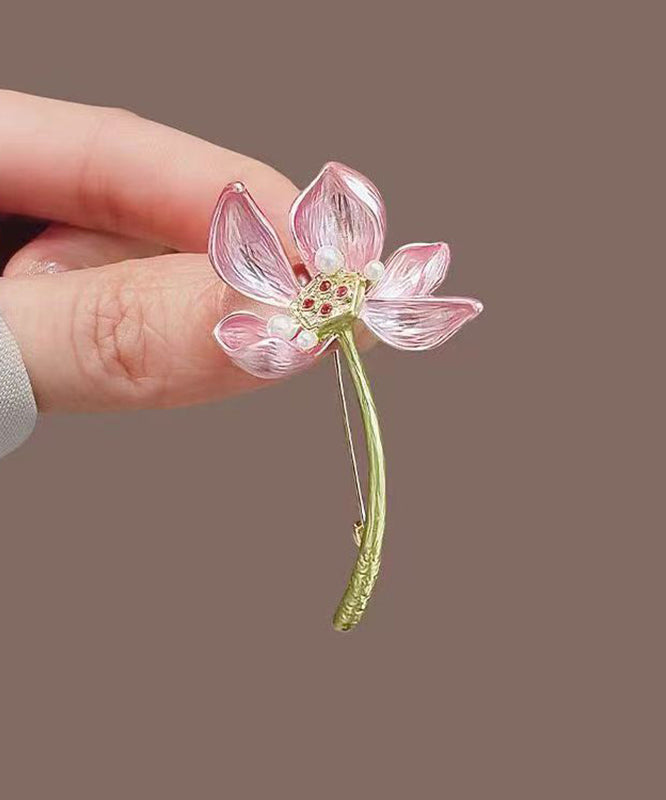 Pink Copper Alloy Pearl Lotus Brooches