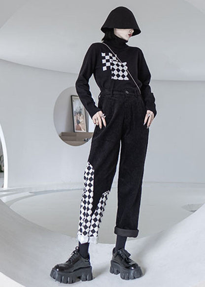 Black Patchwork High Waist Warm Fleece Corduroy Straight Pants Fall
