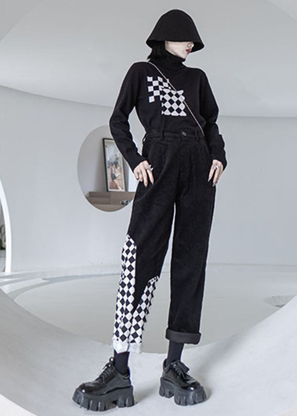 Black Patchwork High Waist Warm Fleece Corduroy Straight Pants Fall