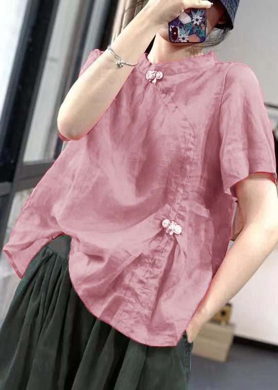 Pink Stand Collar Patchwork Bow Shirt Short Sleeve