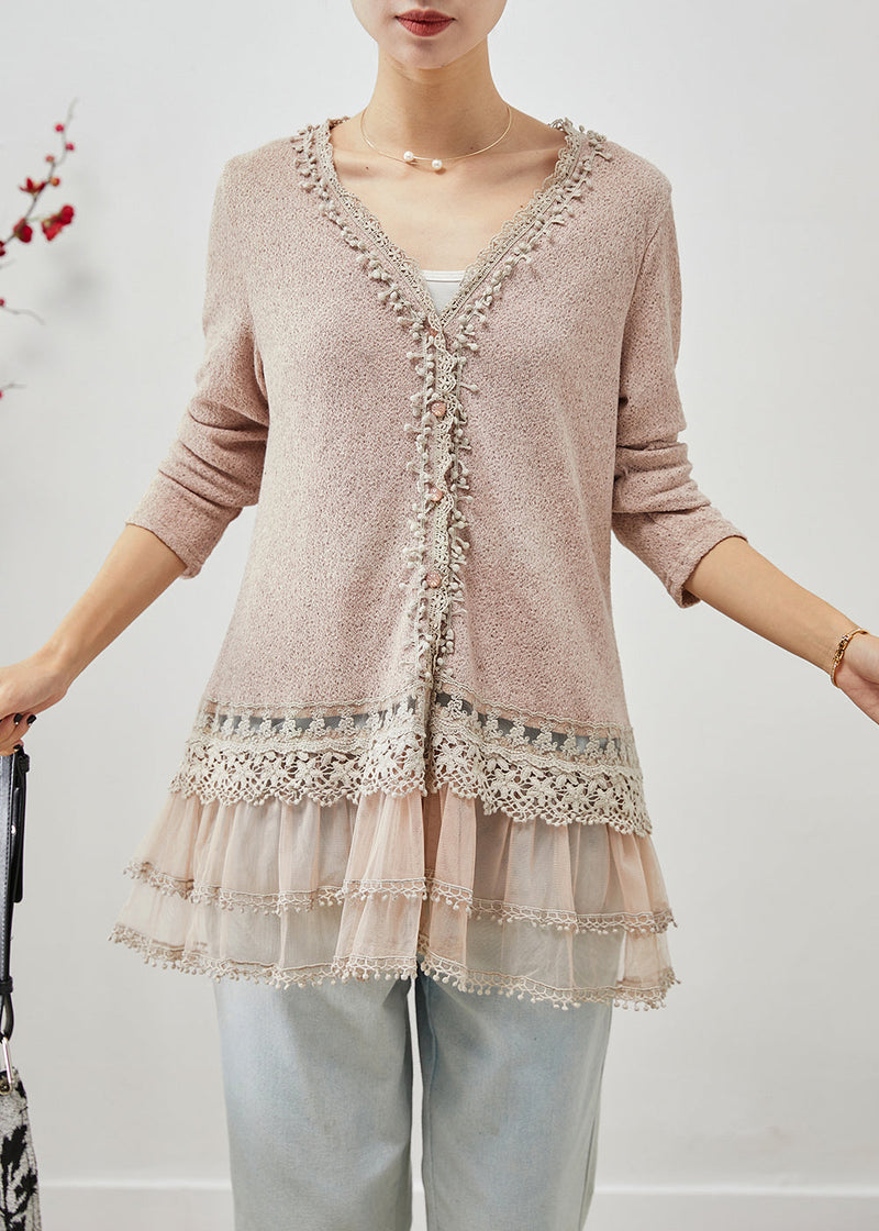 Light Purple V Neck Patchwork Ruffles Spandex Tops Fall