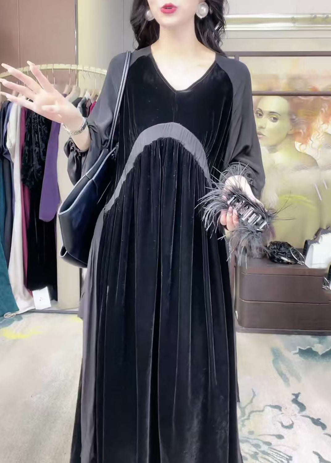 Loose Black V Neck Patchwork Silk Velour Long Dress Winter